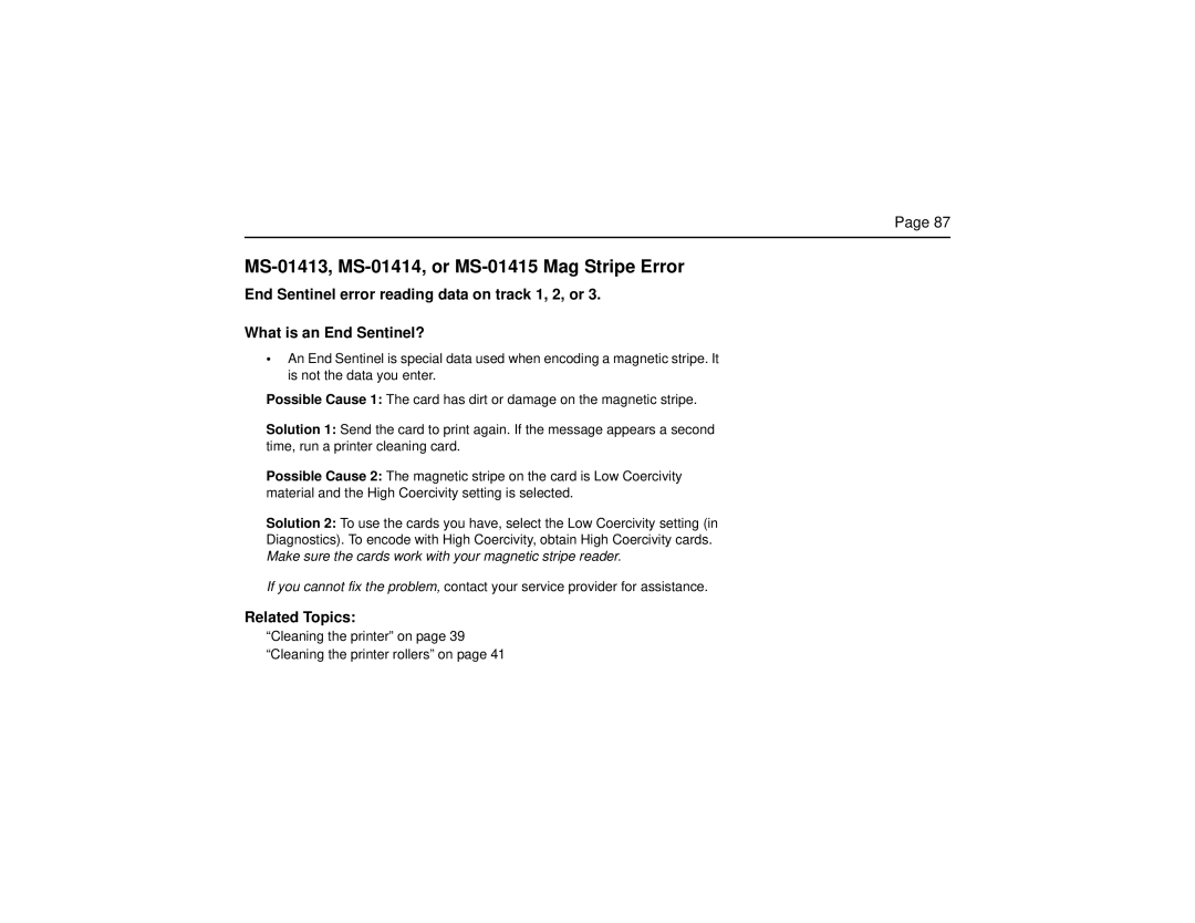 Datacard Group SP Series manual MS-01413, MS-01414, or MS-01415 Mag Stripe Error 