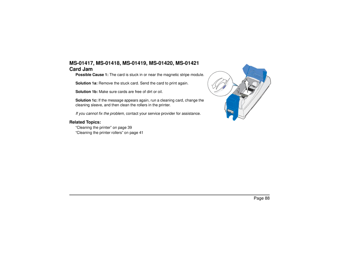 Datacard Group SP Series manual MS-01417, MS-01418, MS-01419, MS-01420, MS-01421 Card Jam 