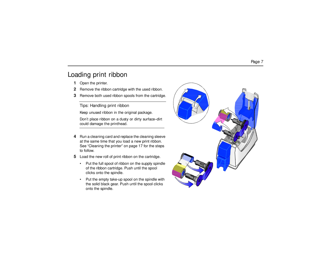 Datacard Group SP35 manual Loading print ribbon, Tips Handling print ribbon 