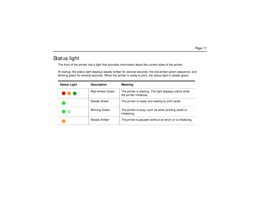 Datacard Group SP35 manual Status light, Status Light Description Meaning 