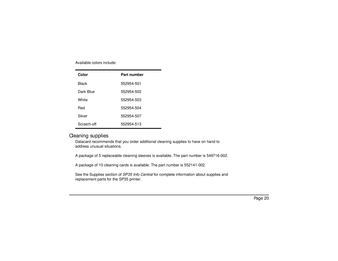 Datacard Group SP35 manual Cleaning supplies, Color Part number 