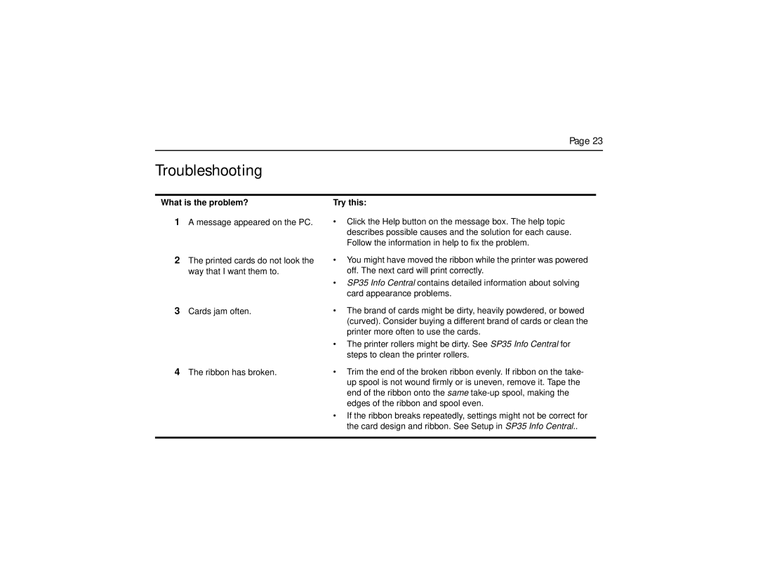 Datacard Group SP35 manual Troubleshooting, What is the problem? 