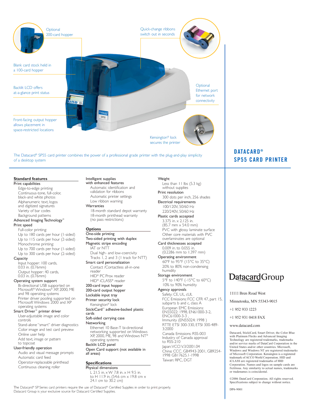 Datacard Group SP55 manual Standard features, Options, Specifications 