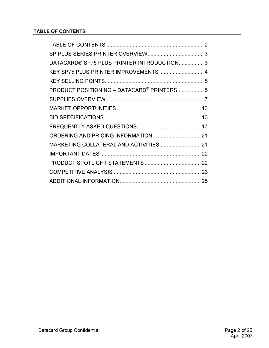 Datacard Group SP75 manual Table of Contents 