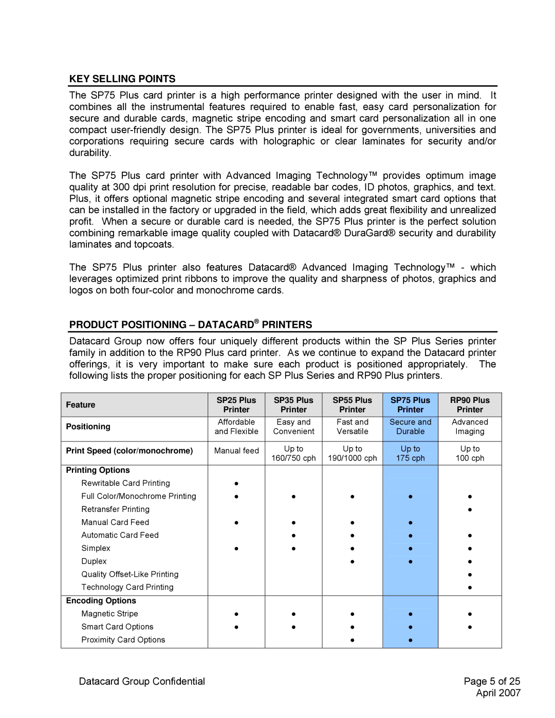 Datacard Group SP75 manual KEY Selling Points, Product Positioning Datacard Printers 