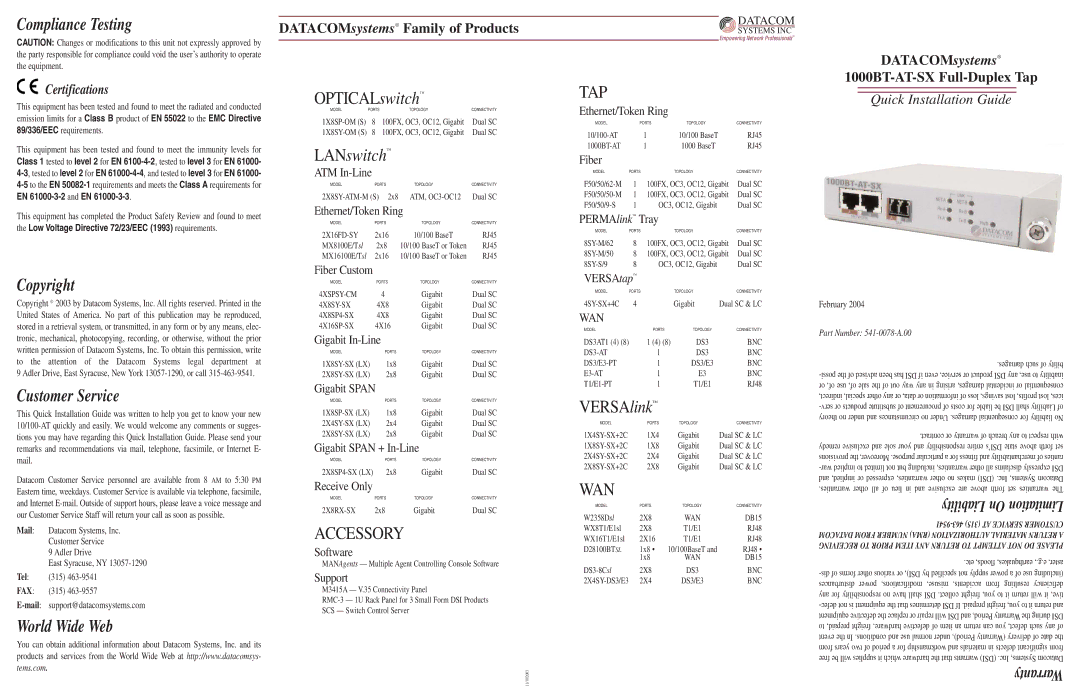 Datacom Systems 1000BT-AT-SX warranty ATM In-Line, Ethernet/Token Ring, Gigabit In-Line, Gigabit Span, Software, Support 