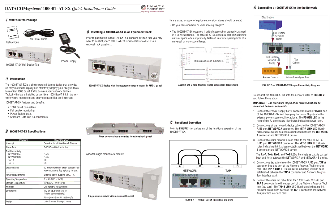 Datacom Systems warranty Introduction, Installing a 1000BT-AT-SX in an Equipment Rack, Functional Operation 