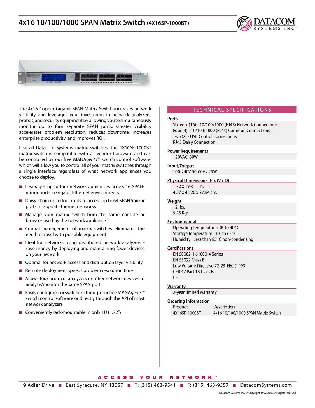 Datacom Systems technical specifications 4x16 10/100/1000 Span Matrix Switch 4X16SP-1000BT 