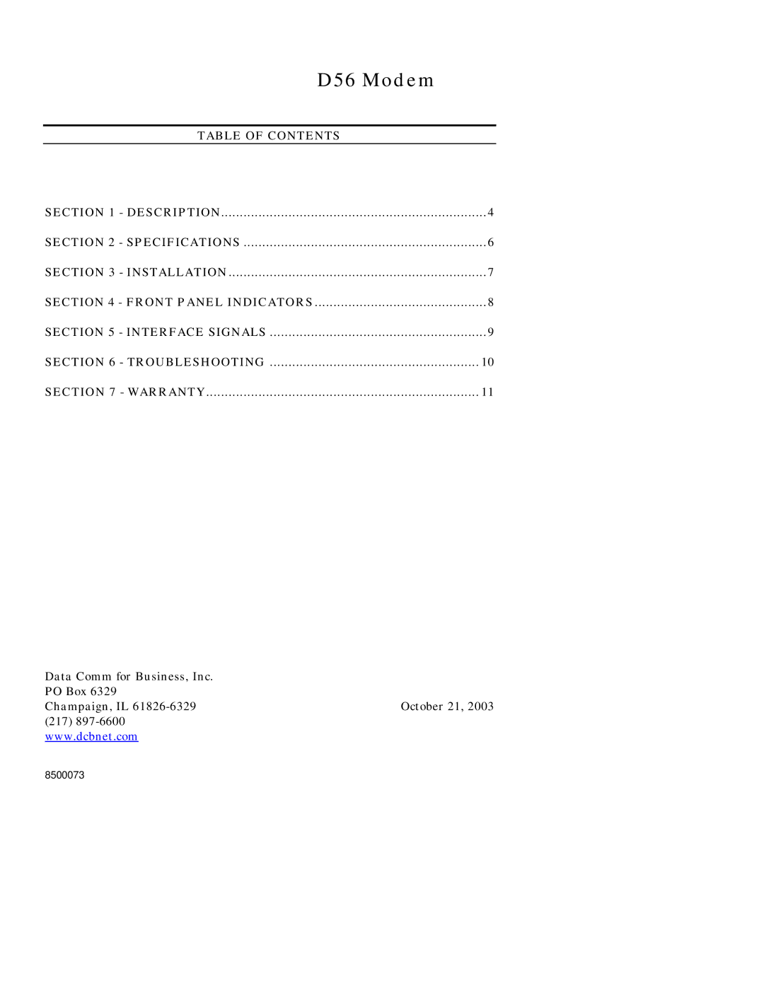 Datacom Systems D56 specifications Table of Contents, Troubleshooting Warranty 