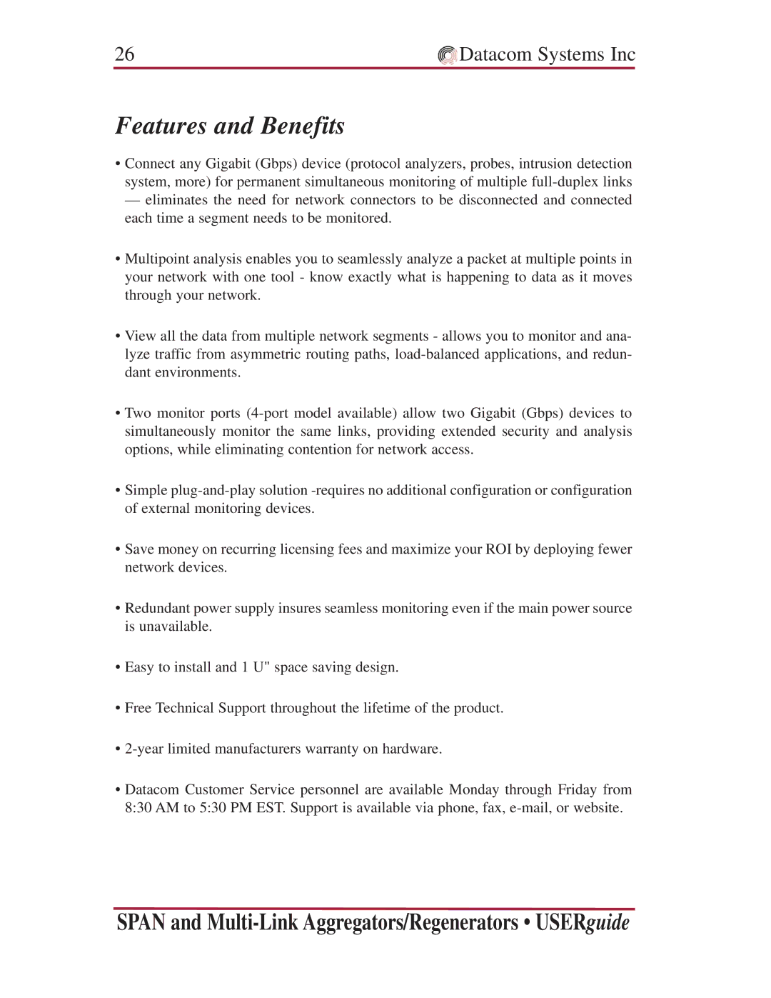 Datacom Systems VS series Multi-Link, SS series SPAN, VS series SPAN manual Features and Benefits 