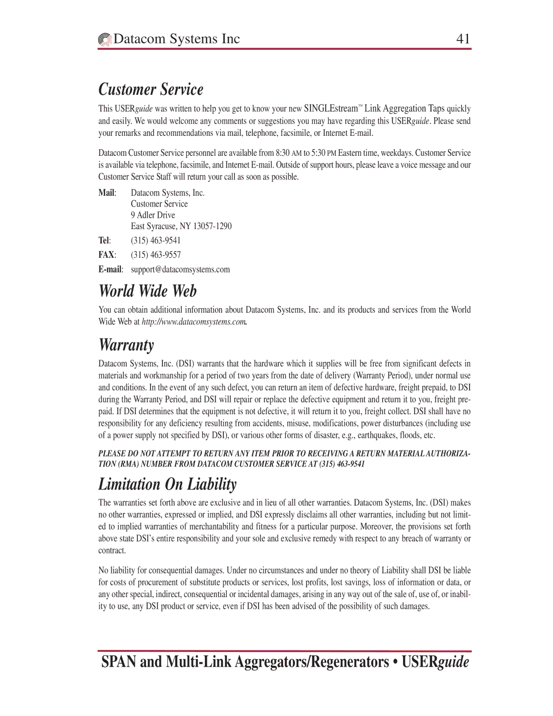 Datacom Systems VS series Multi-Link, SS series SPAN Customer Service, World Wide Web Warranty, Limitation On Liability 