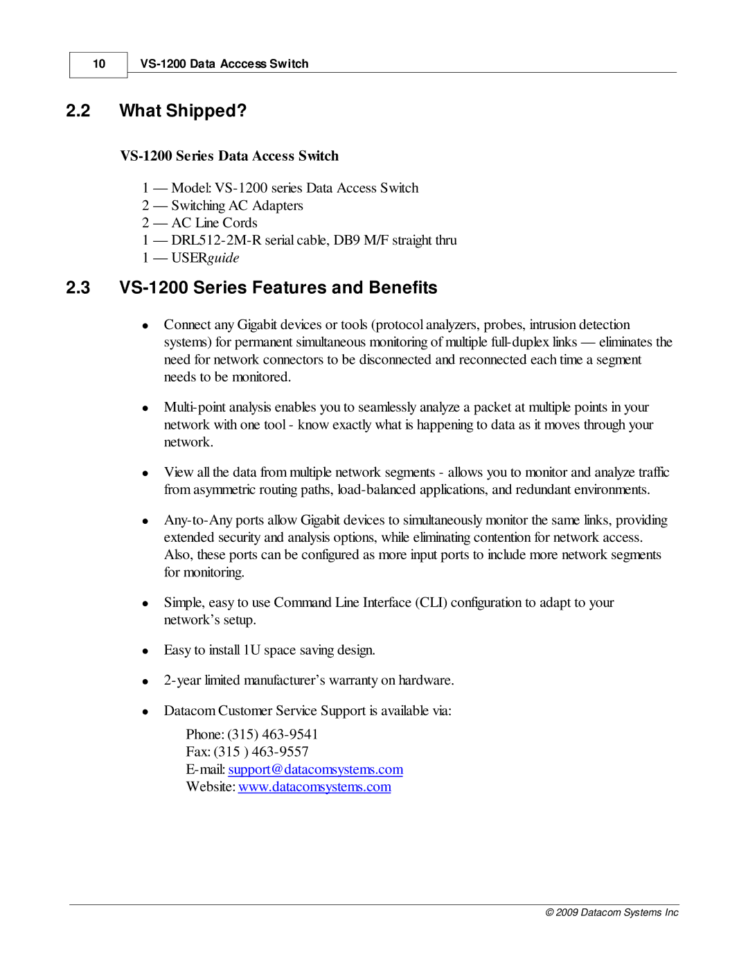 Datacom Systems manual What Shipped?, VS-1200 Series Features and Benefits 