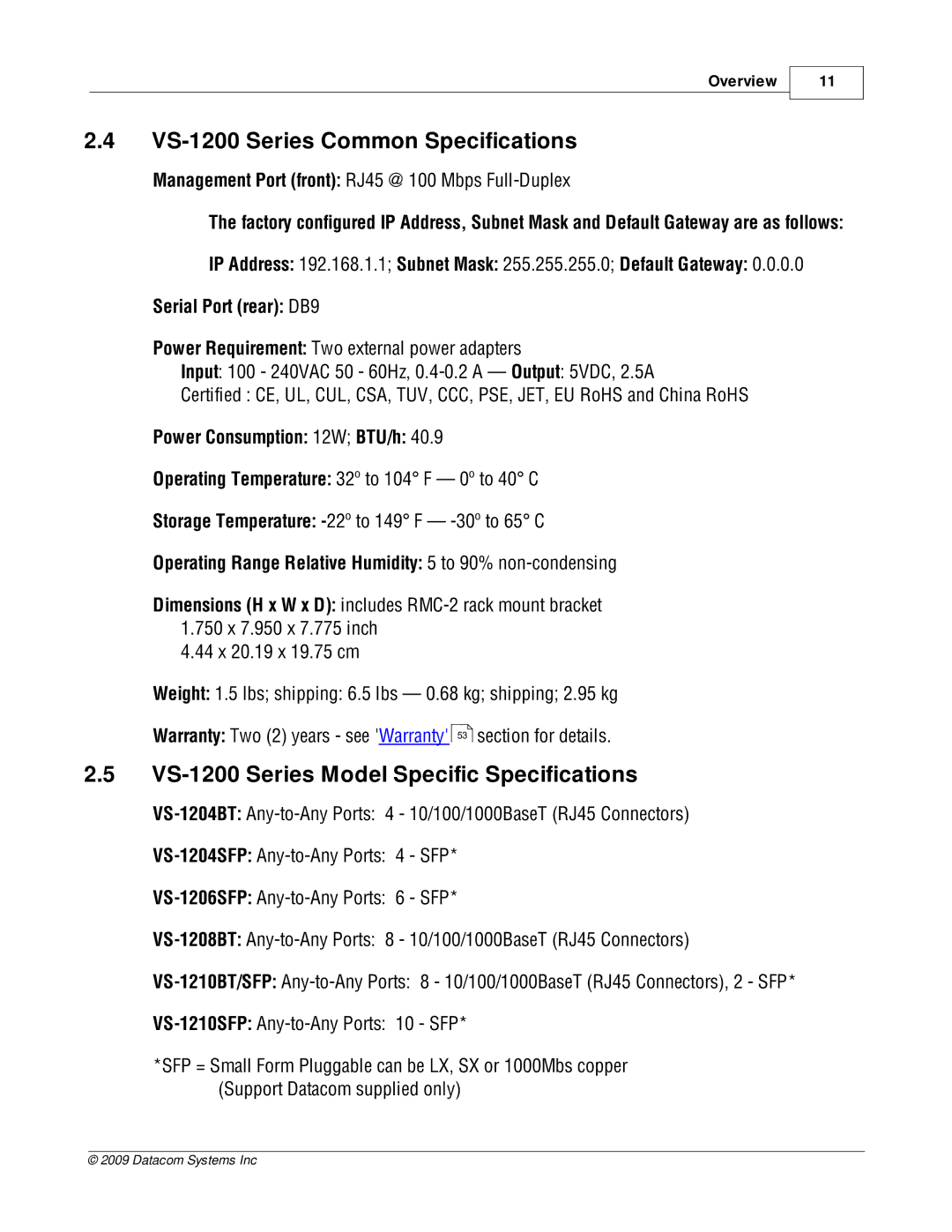 Datacom Systems manual VS-1200 Series Common Specifications, VS-1200 Series Model Specific Specifications 