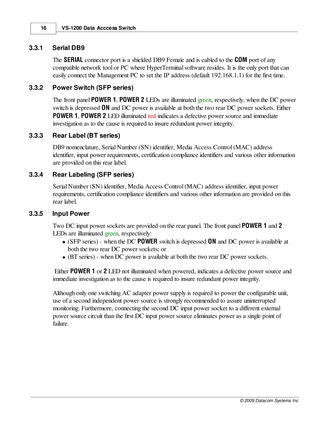 Datacom Systems VS-1200 Serial DB9, Power Switch SFP series, Rear Label BT series, Rear Labeling SFP series, Input Power 