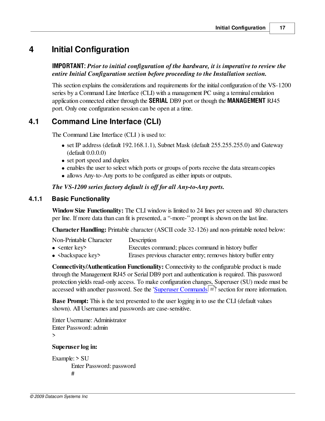 Datacom Systems VS-1200 manual Initial Configuration, Command Line Interface CLI, Basic Functionality 