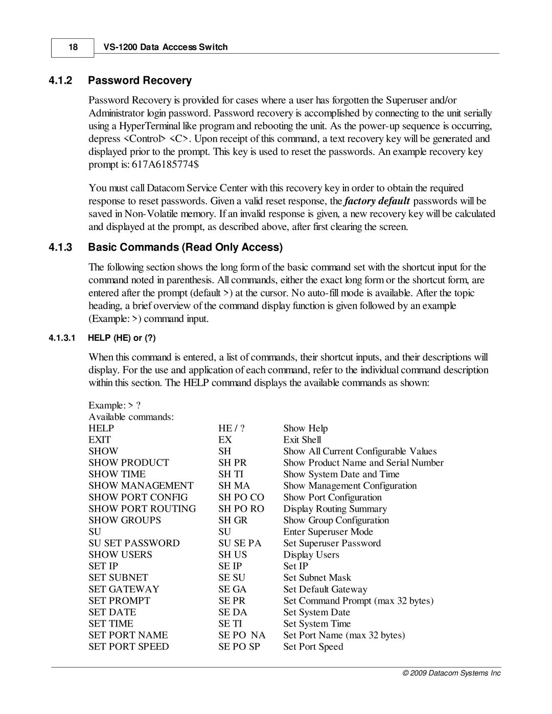 Datacom Systems VS-1200 manual Password Recovery, Basic Commands Read Only Access 