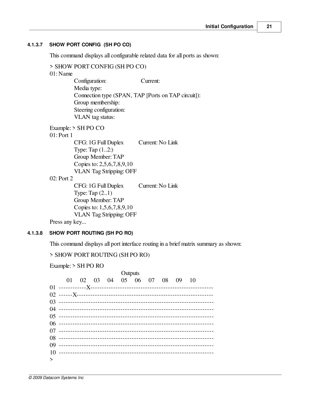 Datacom Systems VS-1200 manual Show Port Routing SH PO RO 