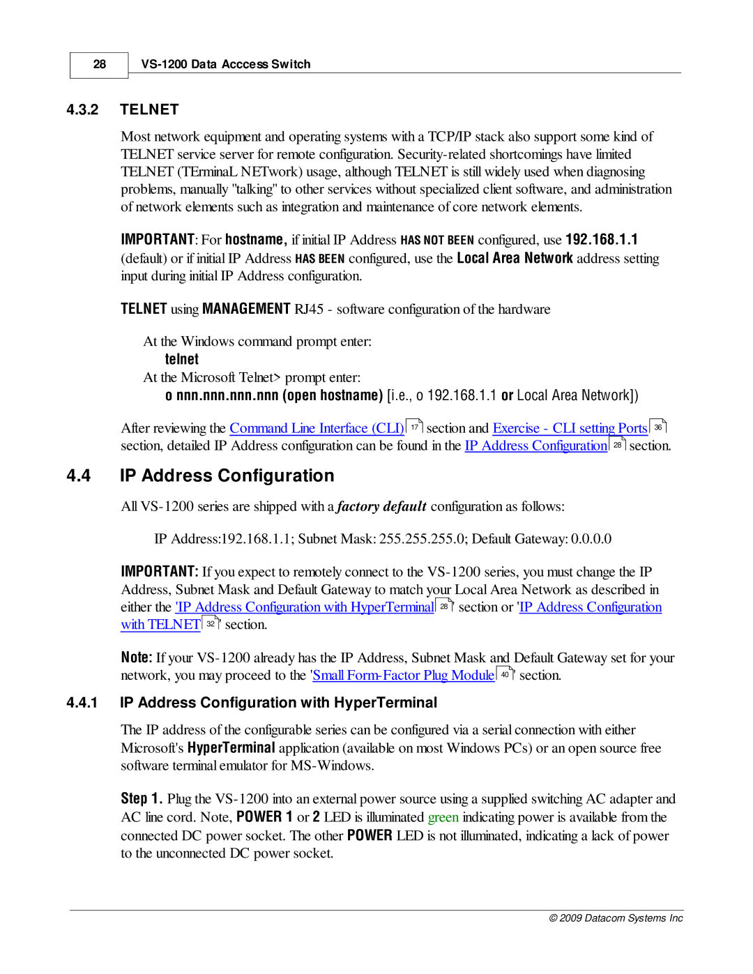 Datacom Systems VS-1200 manual Telnet, IP Address Configuration with HyperTerminal 