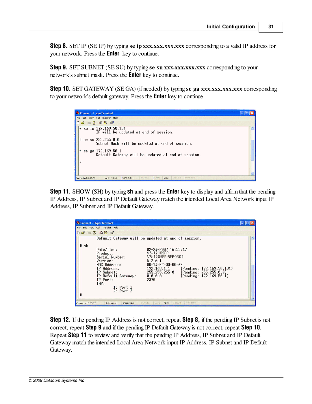 Datacom Systems VS-1200 manual Initial Configuration 