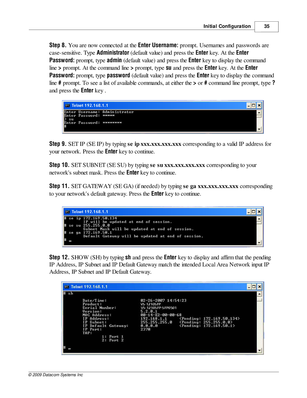 Datacom Systems VS-1200 manual Initial Configuration 