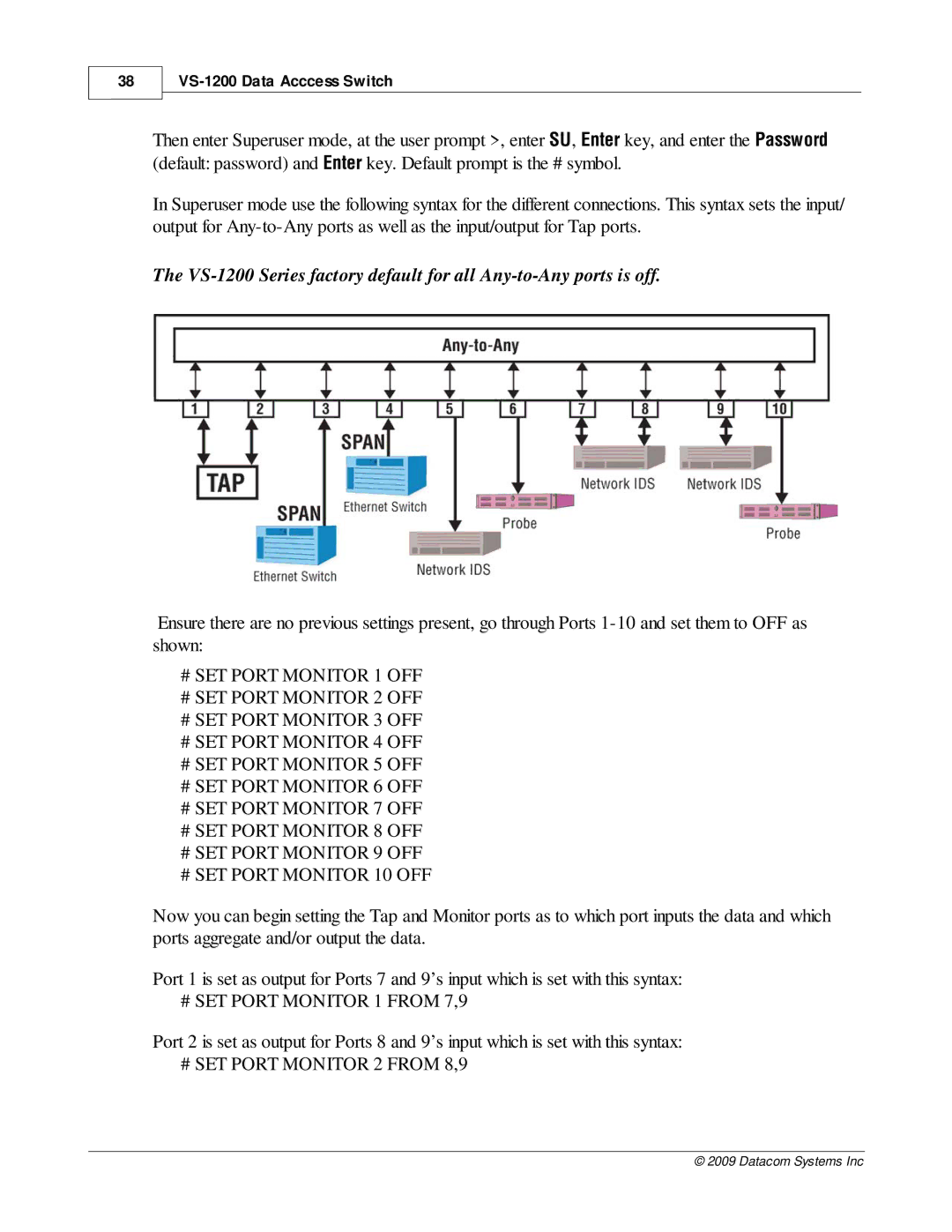 Datacom Systems VS-1200 manual # SET Port Monitor 1 from 7,9, # SET Port Monitor 2 from 8,9 