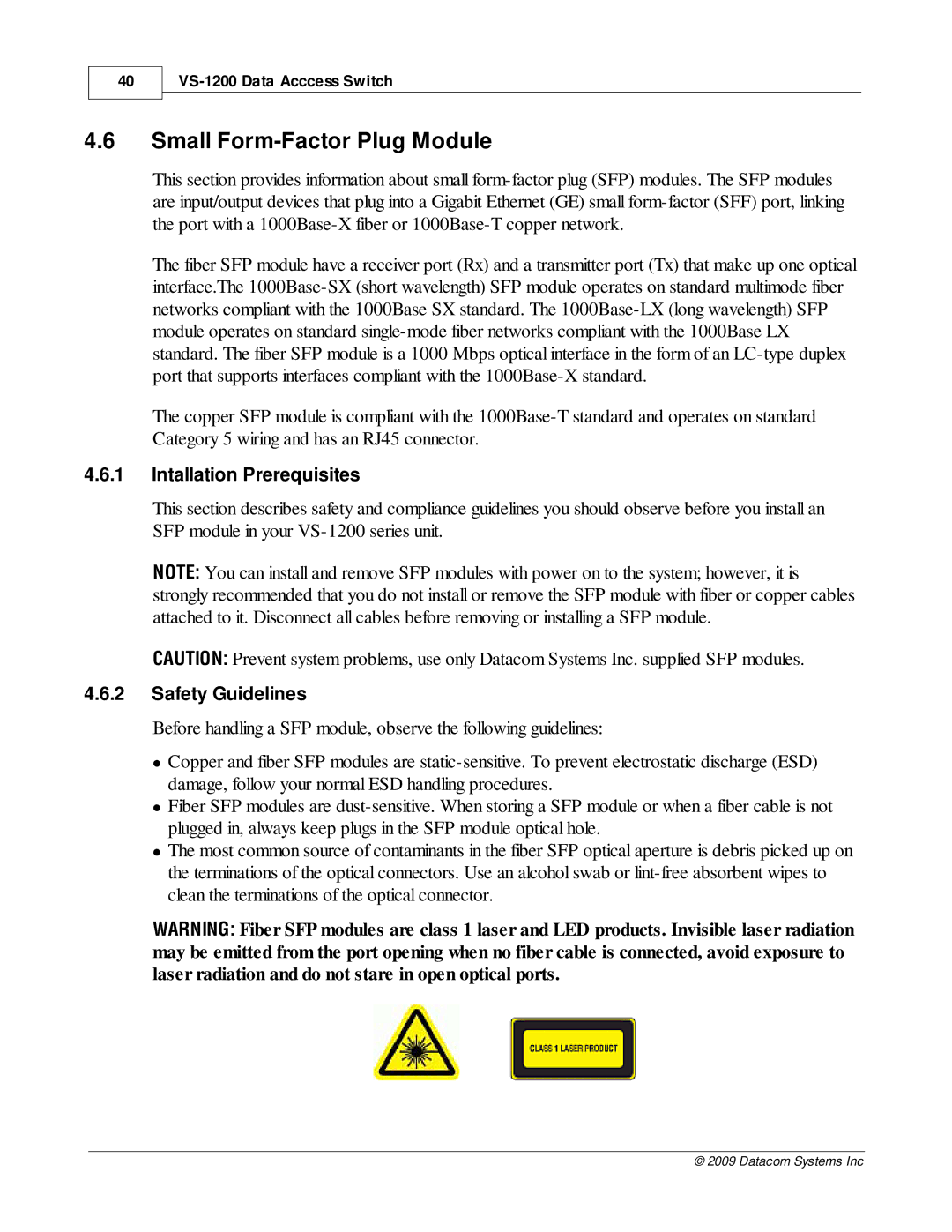 Datacom Systems VS-1200 manual Small Form-Factor Plug Module, Intallation Prerequisites, Safety Guidelines 