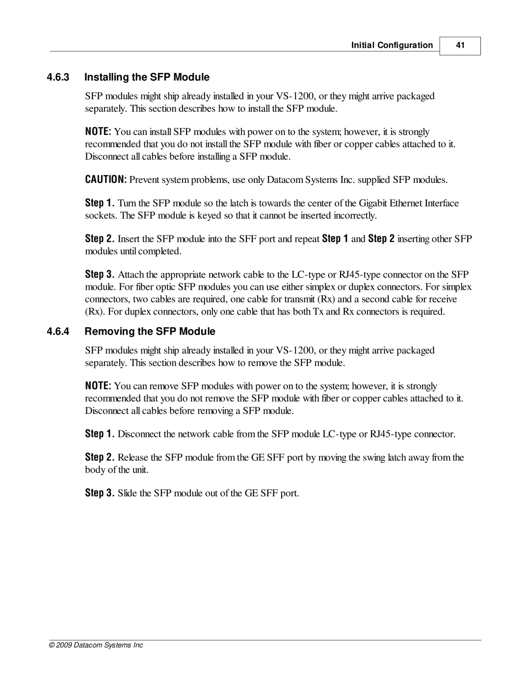 Datacom Systems VS-1200 manual Installing the SFP Module, Removing the SFP Module 