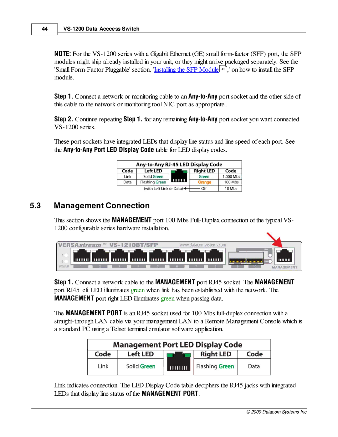 Datacom Systems VS-1200 manual Management Connection 