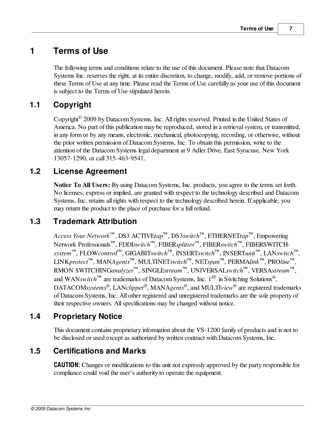 Datacom Systems VS-1200 manual Terms of Use, Copyright License Agreement Trademark Attribution, Proprietary Notice 