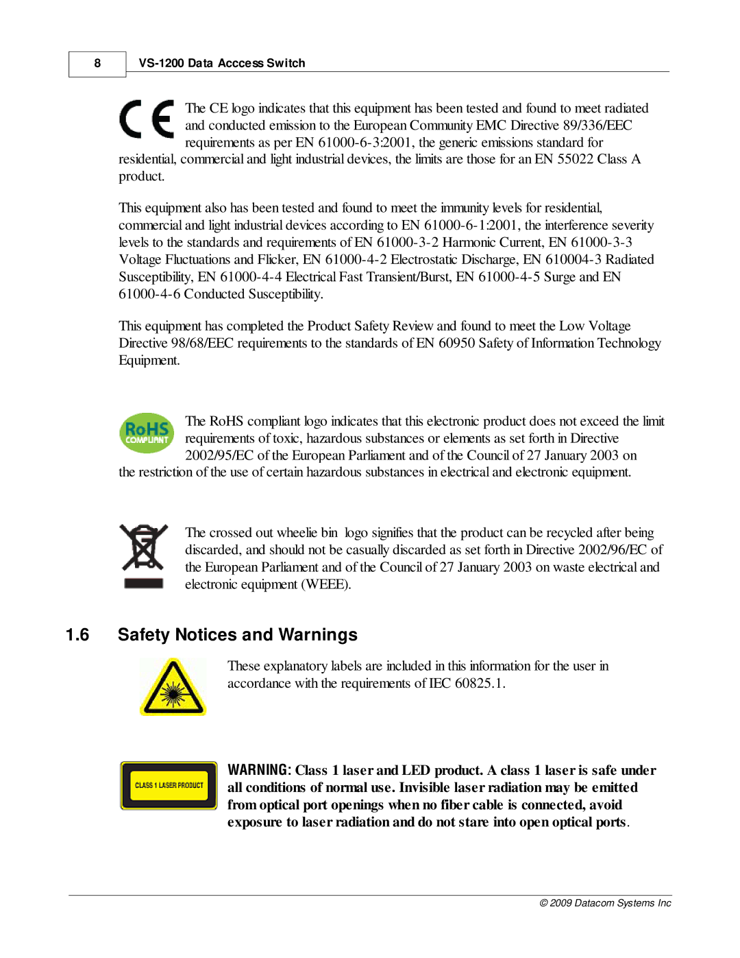 Datacom Systems VS-1200 manual Safety Notices and Warnings 