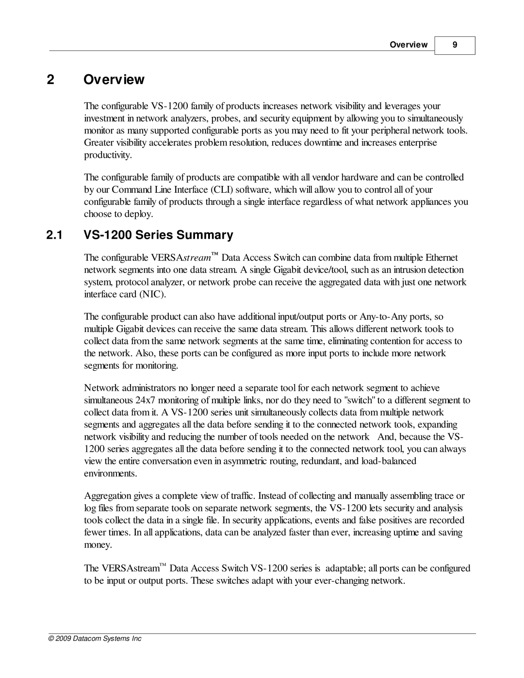 Datacom Systems manual Overview, VS-1200 Series Summary 