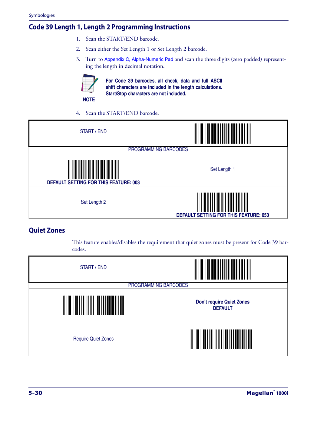 Datalogic Scanning 1000I manual Code 39 Length 1, Length 2 Programming Instructions, Quiet Zones 