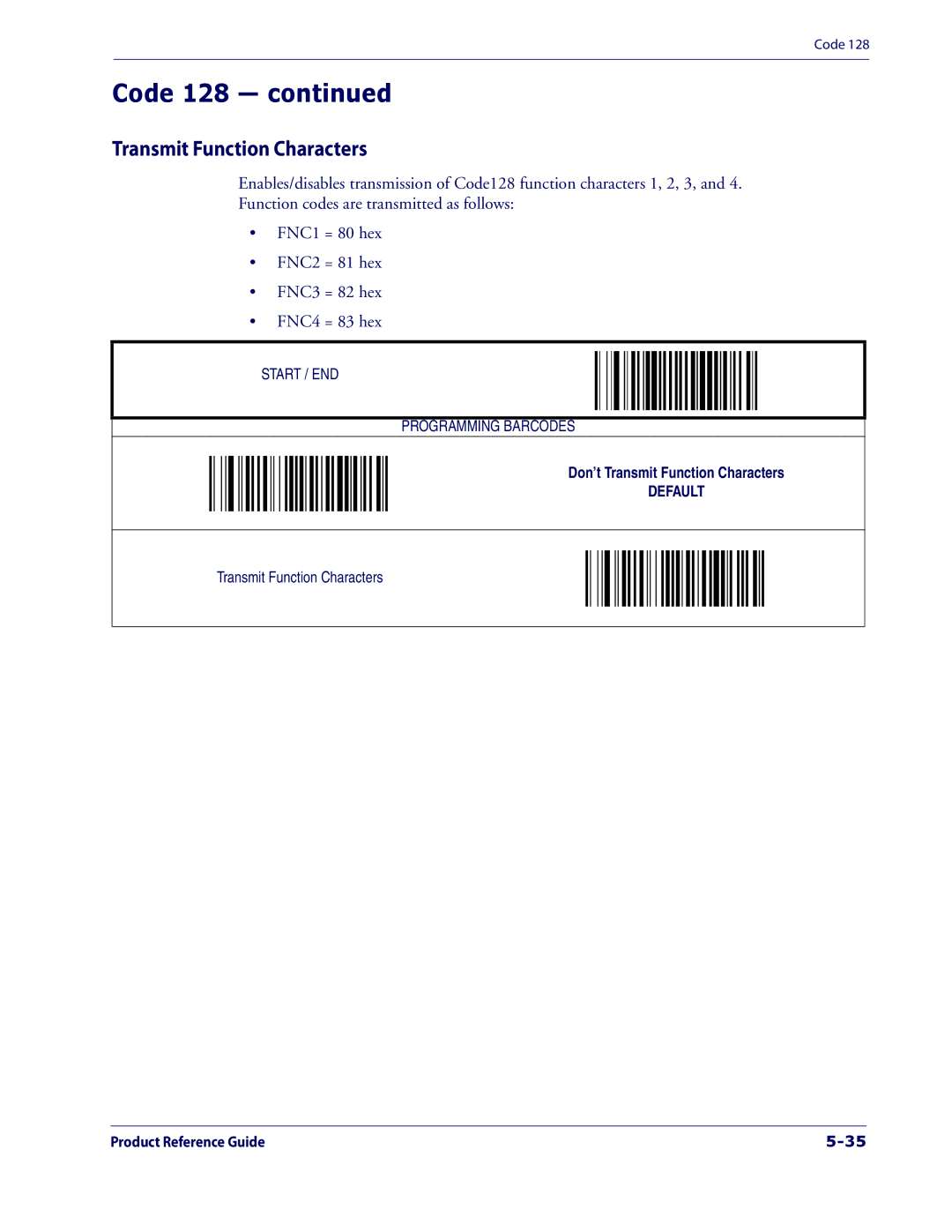 Datalogic Scanning 1000I manual Code, Transmit Function Characters 