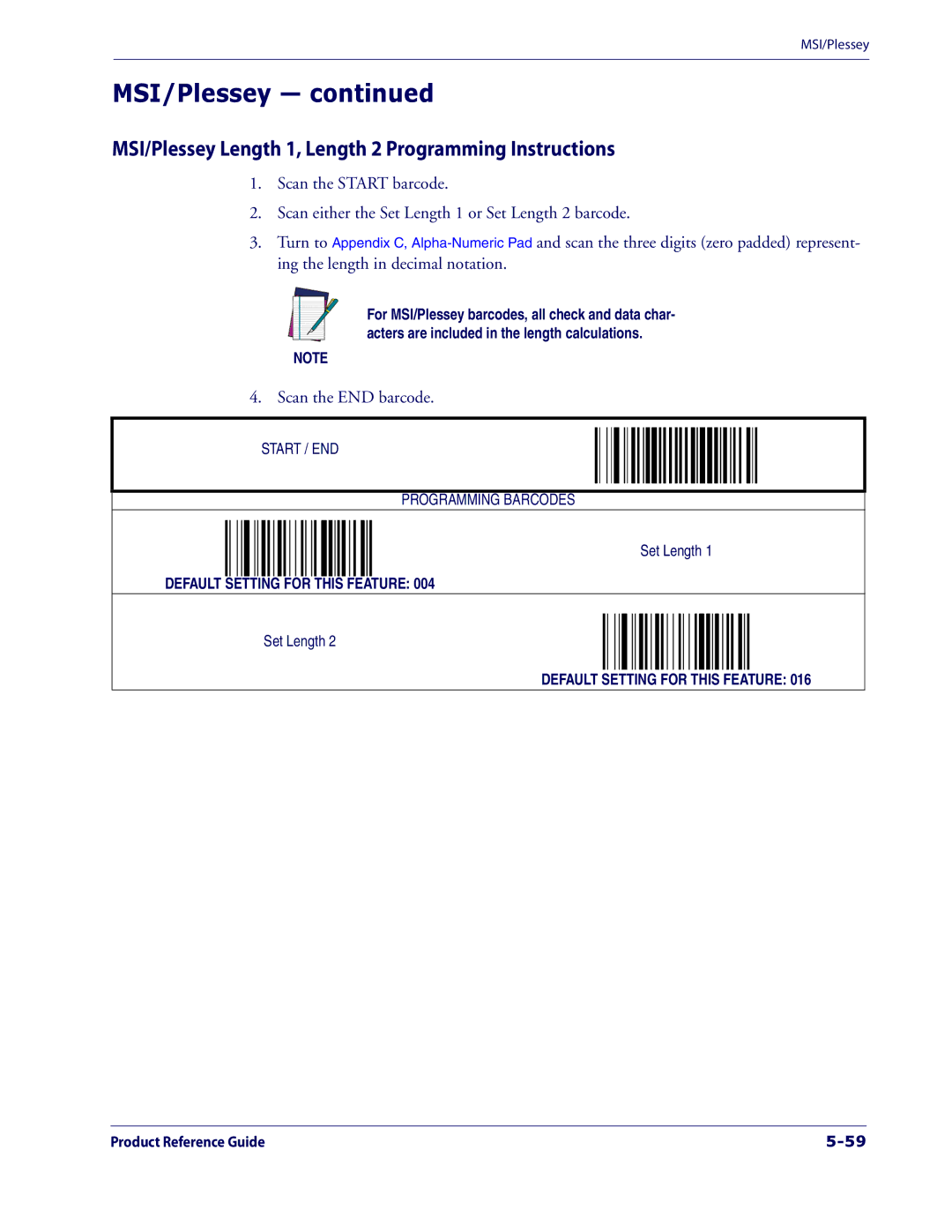 Datalogic Scanning 1000I manual MSI/Plessey Length 1, Length 2 Programming Instructions 