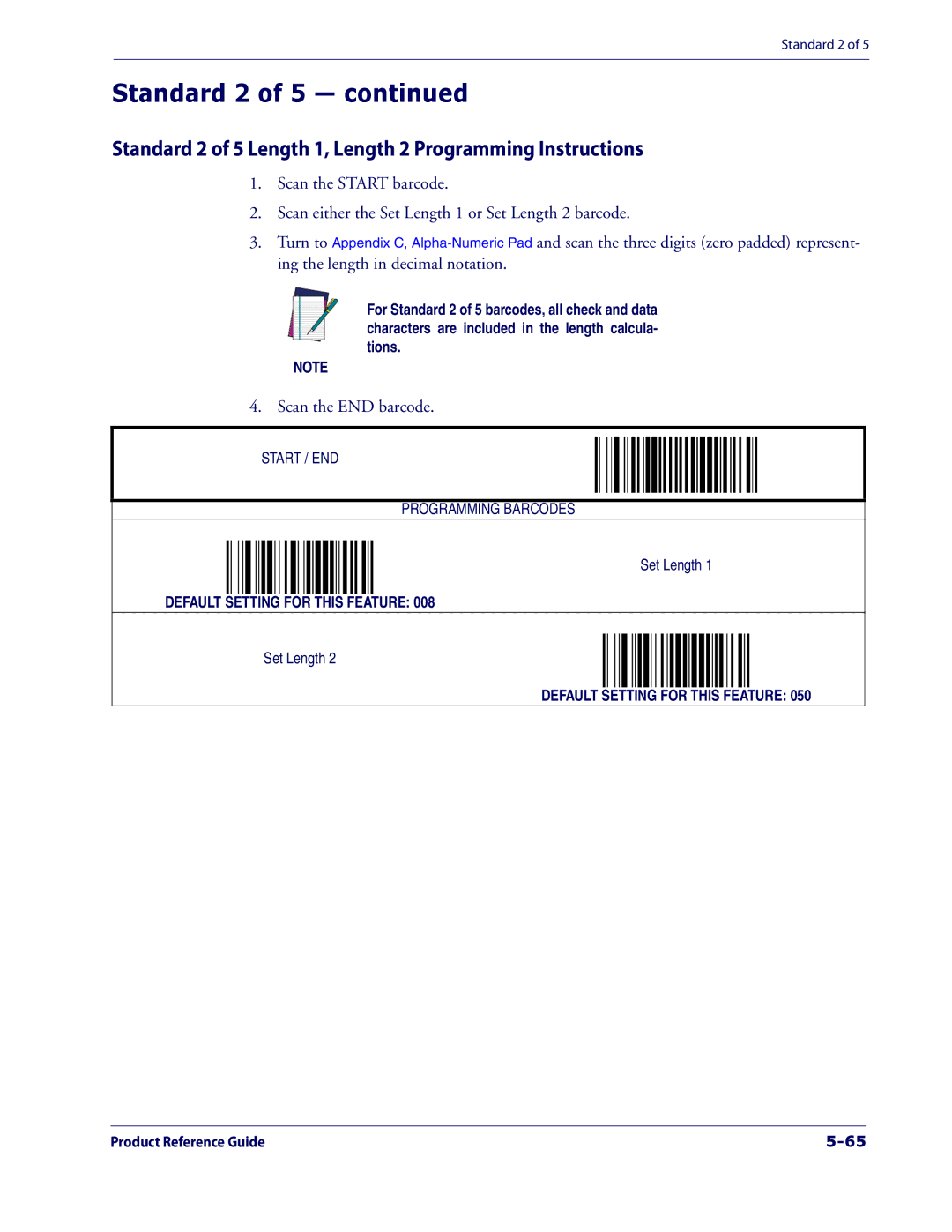 Datalogic Scanning 1000I manual Standard 2 of 5 Length 1, Length 2 Programming Instructions 