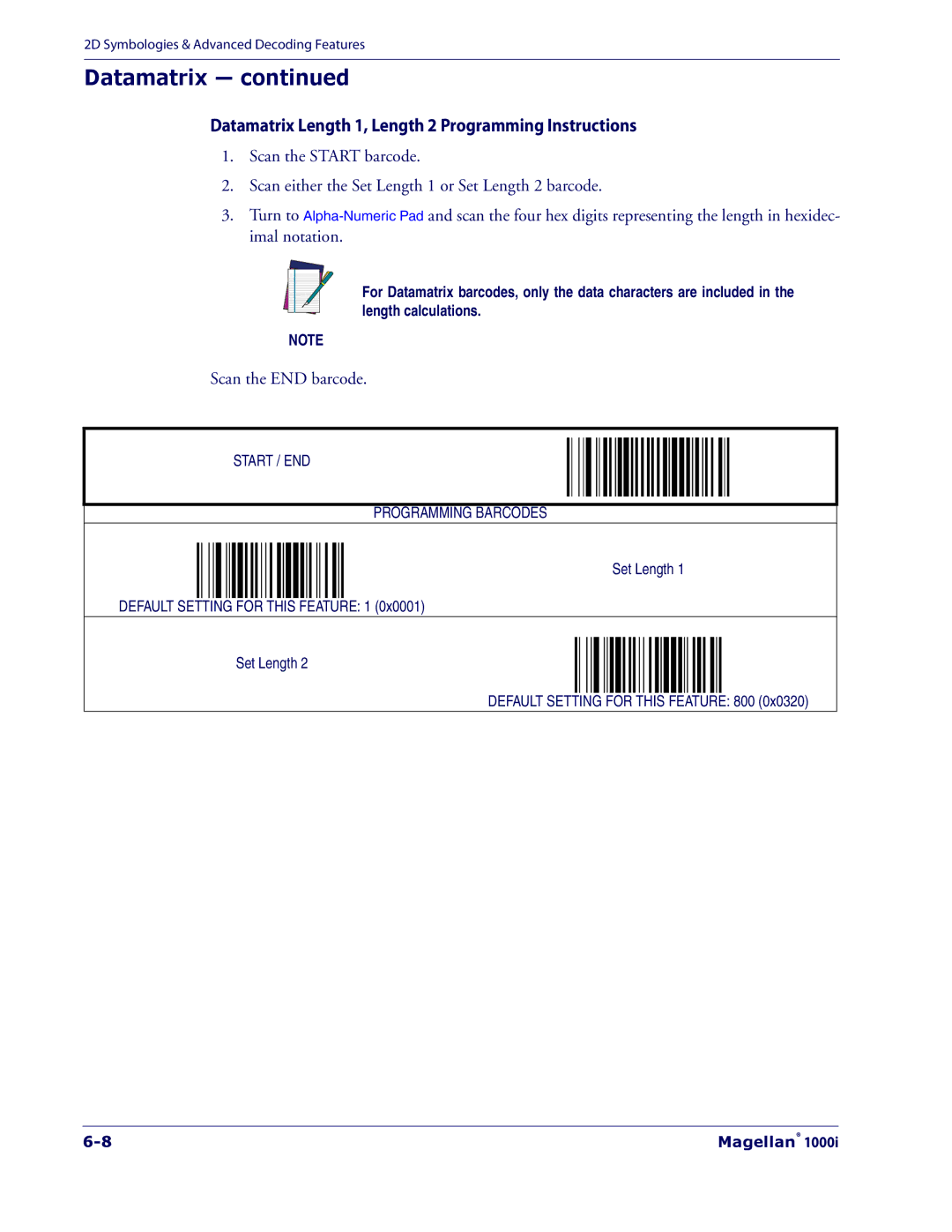 Datalogic Scanning 1000I manual Datamatrix Length 1, Length 2 Programming Instructions 