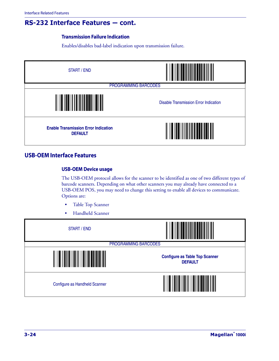 Datalogic Scanning 1000I manual USB-OEM Interface Features, Transmission Failure Indication, USB-OEM Device usage 