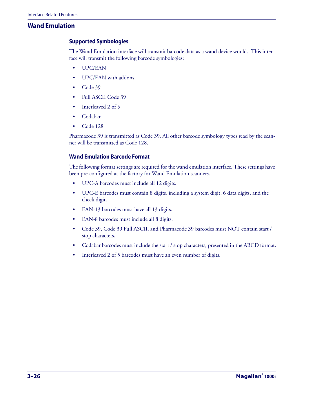 Datalogic Scanning 1000I manual Supported Symbologies, Wand Emulation Barcode Format 