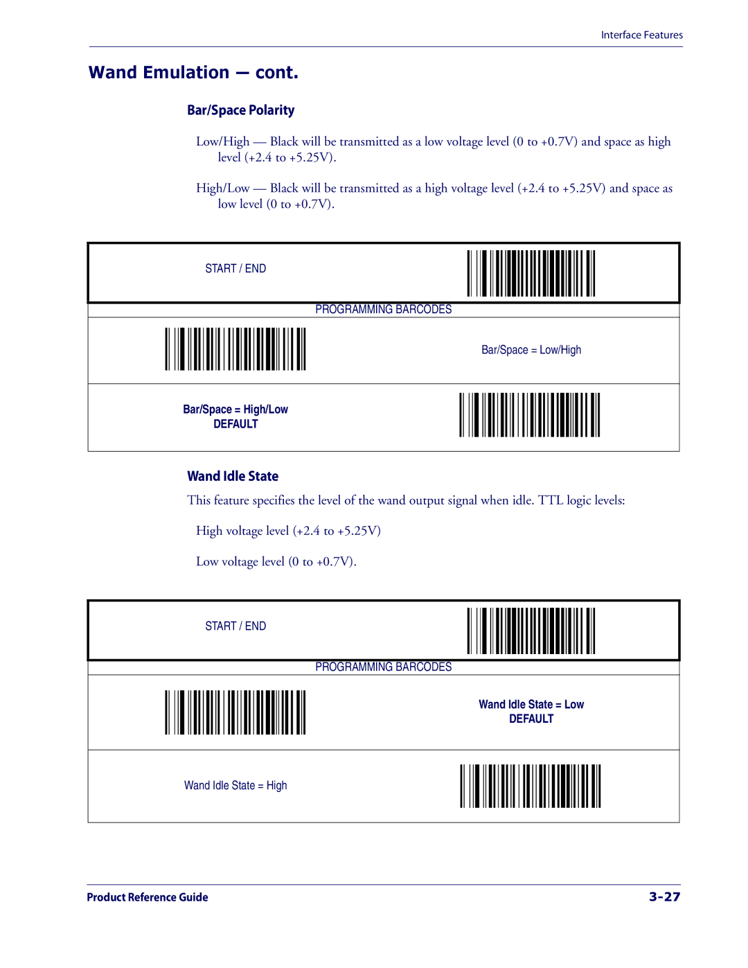 Datalogic Scanning 1000I manual Bar/Space Polarity, Wand Idle State 