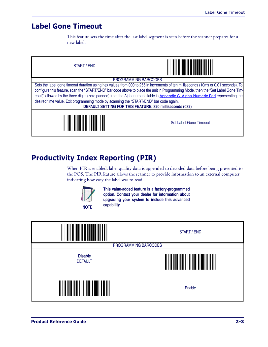 Datalogic Scanning 1000I manual Label Gone Timeout, Productivity Index Reporting PIR 