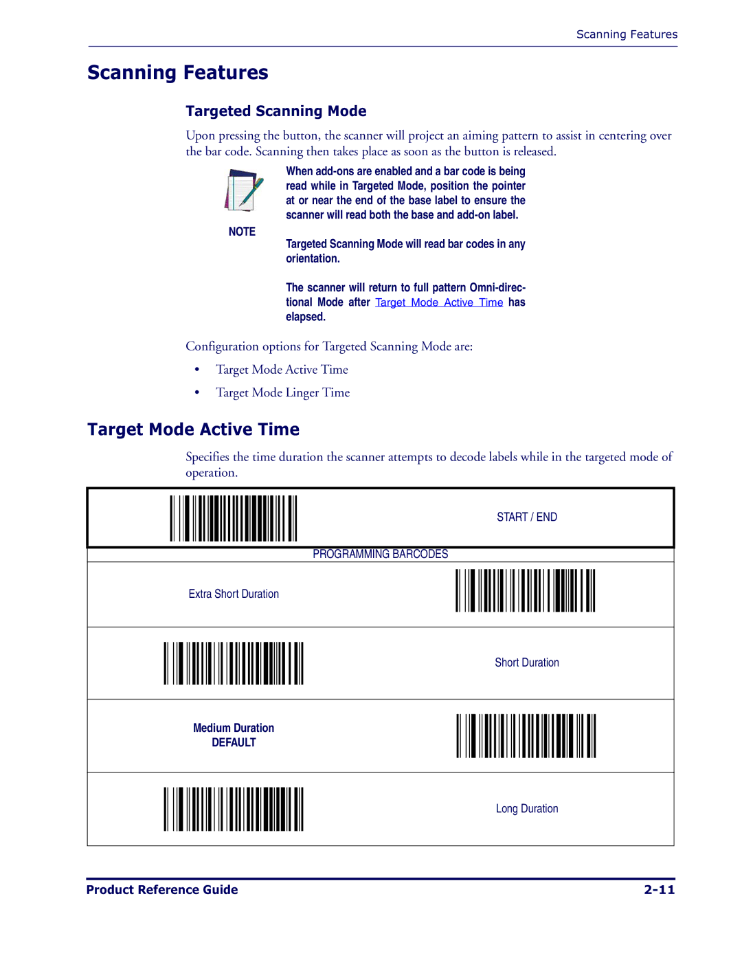 Datalogic Scanning 1000I manual Scanning Features, Target Mode Active Time, Targeted Scanning Mode 