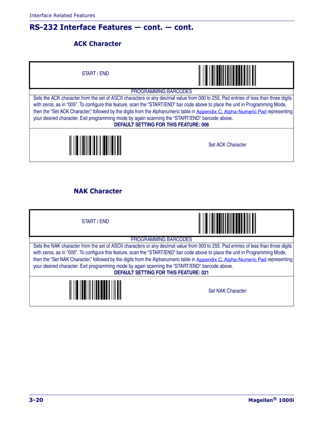 Datalogic Scanning 1000I manual RS-232 Interface Features cont, ACK Character, NAK Character 