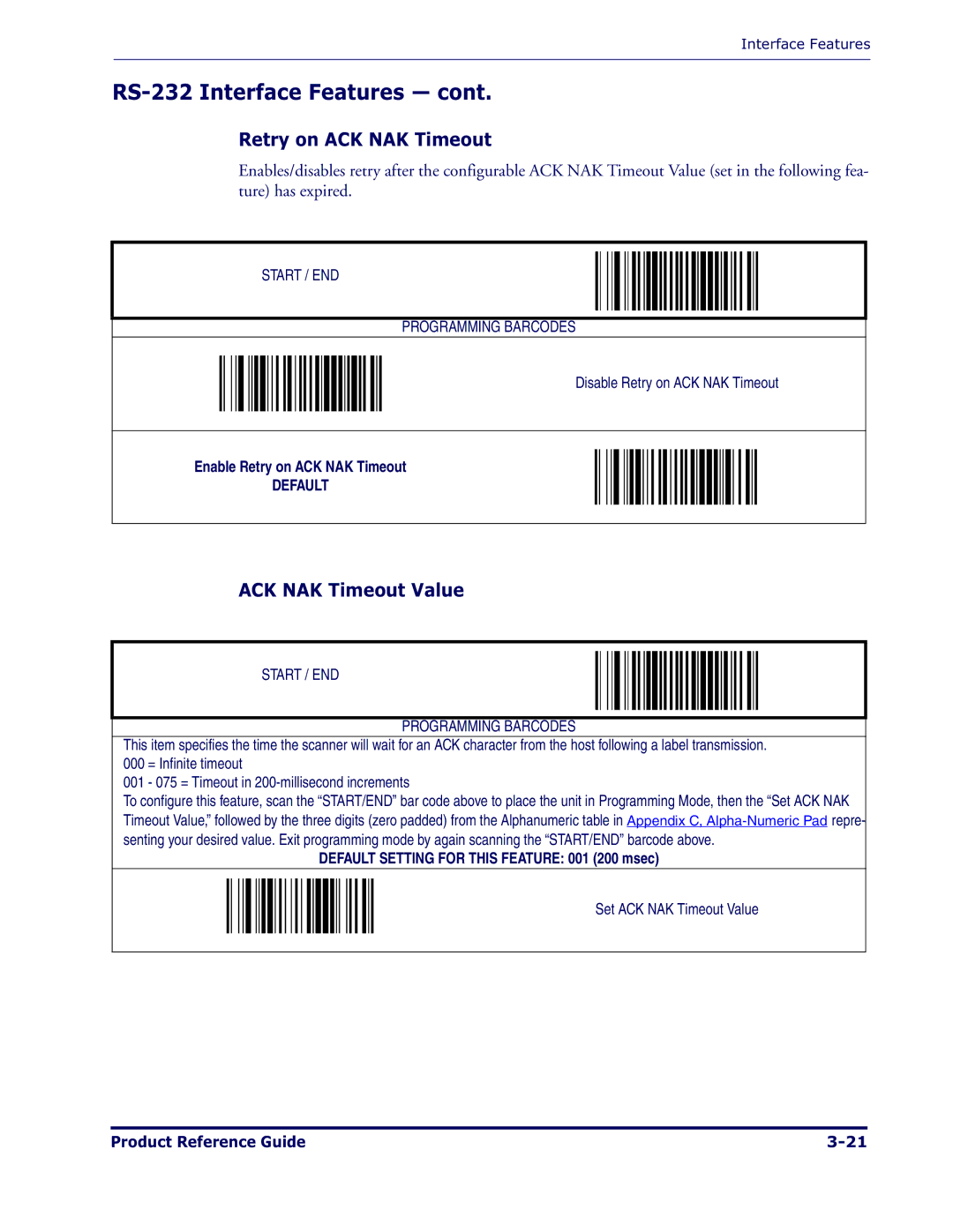 Datalogic Scanning 1000I manual Retry on ACK NAK Timeout, ACK NAK Timeout Value 