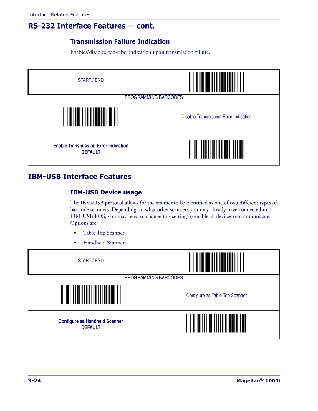 Datalogic Scanning 1000I manual IBM-USB Interface Features, Transmission Failure Indication, IBM-USB Device usage 