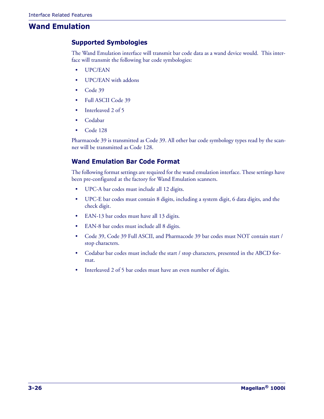 Datalogic Scanning 1000I manual Supported Symbologies, Wand Emulation Bar Code Format 