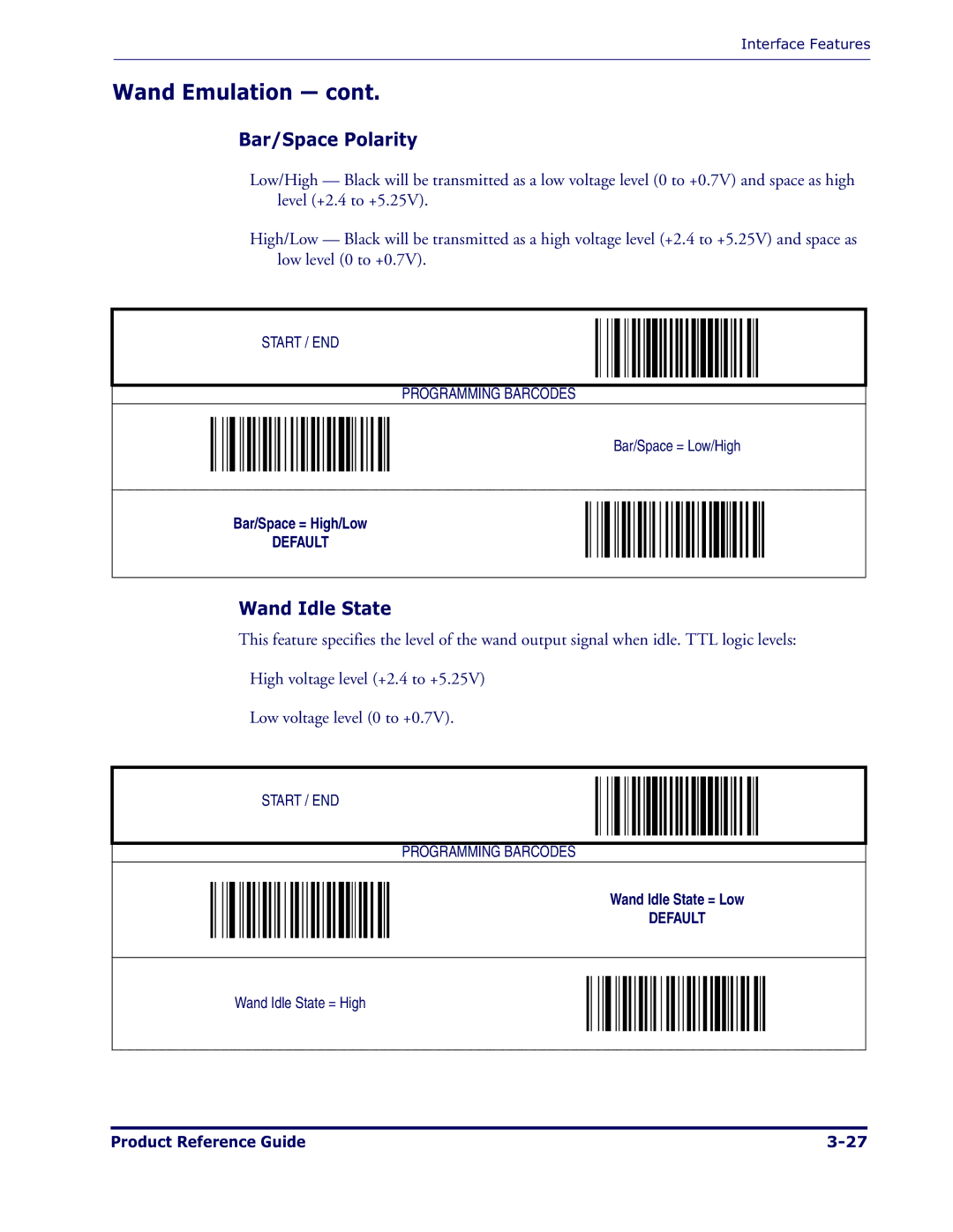 Datalogic Scanning 1000I manual Bar/Space Polarity, Wand Idle State 