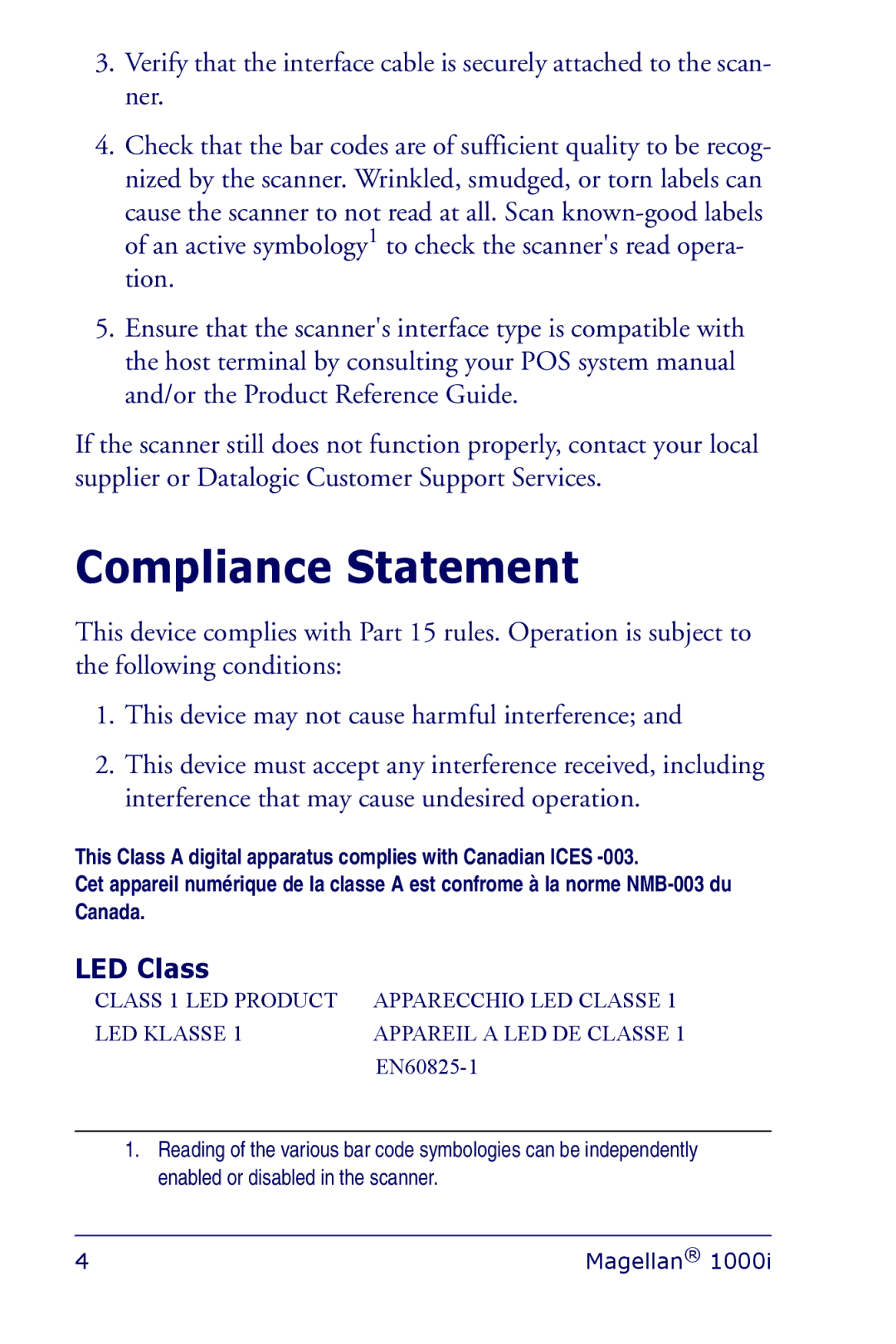 Datalogic Scanning 1000I manual Compliance Statement, LED Class 