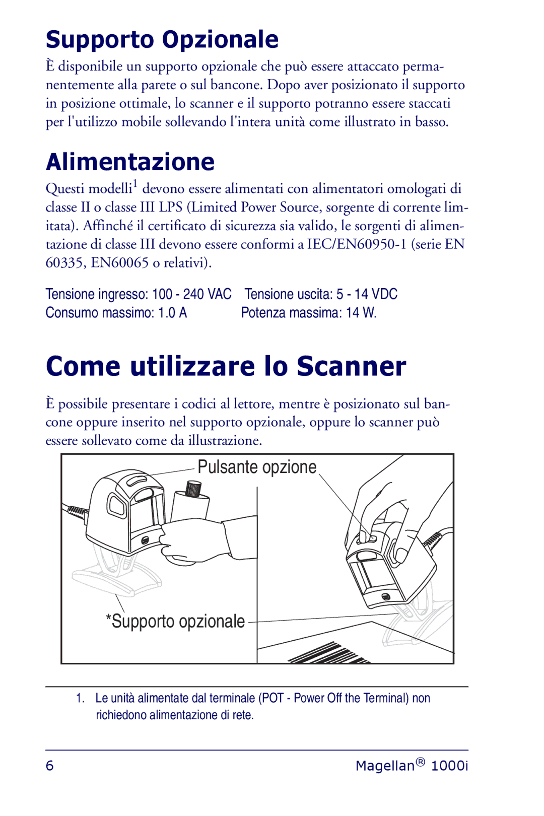 Datalogic Scanning 1000I manual Come utilizzare lo Scanner, Supporto Opzionale, Alimentazione 