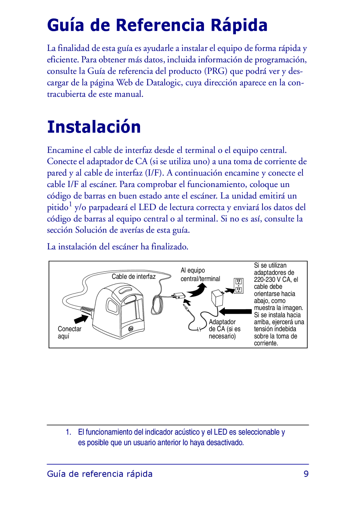 Datalogic Scanning 1000I manual Guía de Referencia Rápida, Instalación 