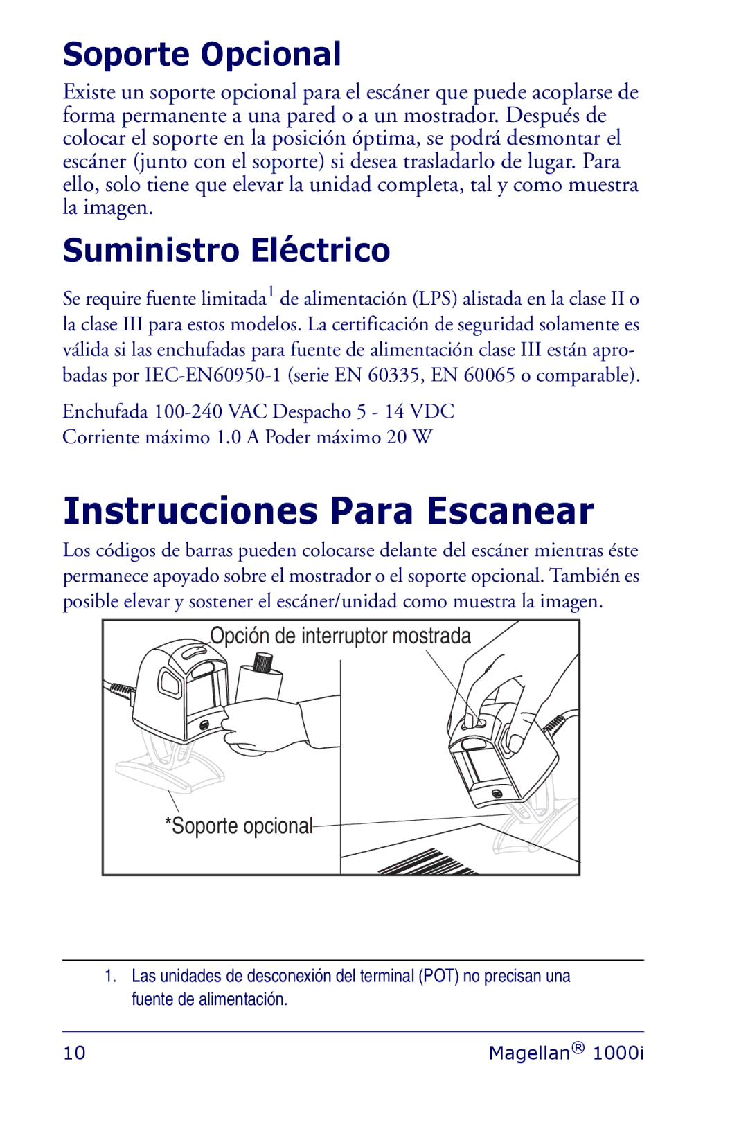 Datalogic Scanning 1000I manual Instrucciones Para Escanear, Soporte Opcional, Suministro Eléctrico 